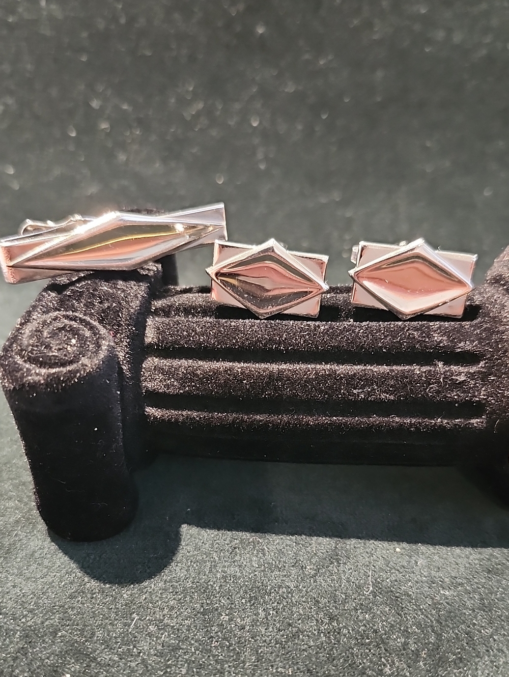 Vintage Foster Silver Tone Geometric Diamond Cufflinks & Tie Clip Set